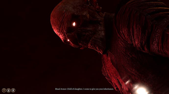 A dark image from Baldur's Gate 3. Reflected in a pool of blood we see the image of a goblin, close up. It's red-tinged because of the blood but its eyes are glowing red as well. It radiates evil. It is the body of Sceleritas Fel, a demonic butler, possessed by the god of murder, Bhaal.