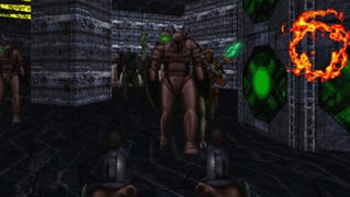 A Classic Marathon Infinity screenshot showing the player dual-wielding pistols as armoured knights approach along gloomy grey corridor, all viewed in first-person.