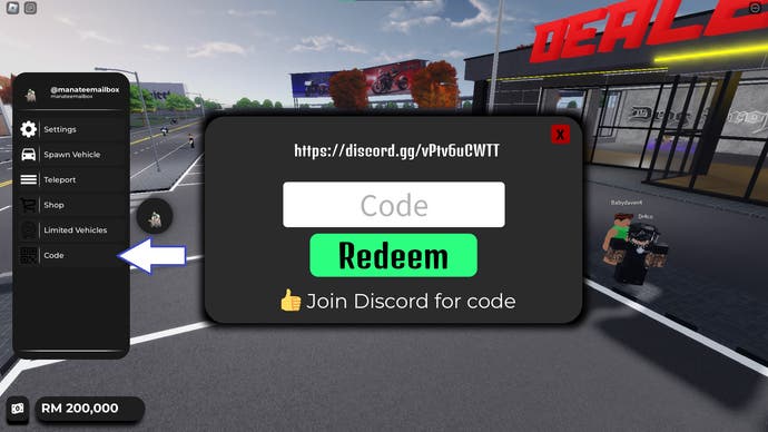 A screenshot from Drag Project Future in Roblox showing the game's codes button and field.