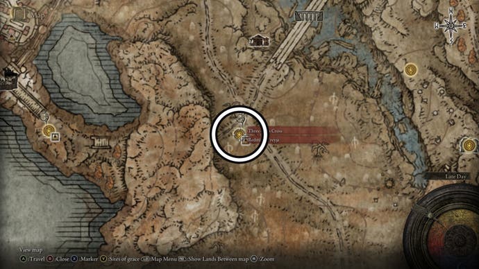 A screenshot of the Three-Path Miquella's Cross location on the Elden Ring Shadow of the Erdtree map.