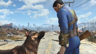 A screenshot from Fallout 4 showing the player character and their dog. Both are stood on a crumbling road stretching away toward a post-apocalyptic city in the distance.