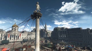 A screenshot of Fallout 4's Fallout: London mod, showing Nelson's Column in a post-apocalyptic London.