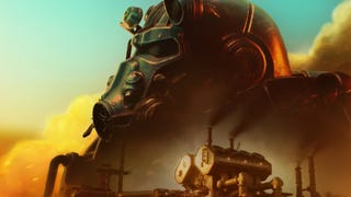 Fortnite promotional art showing a close-up of someone in Brotherhood of Steel T-60 power armour surrounded by smoke.