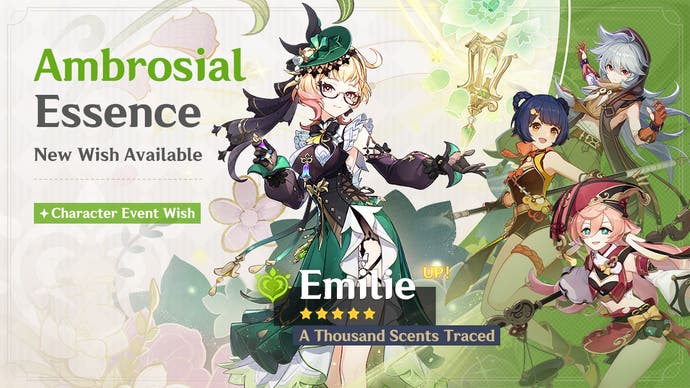 Banner characters for Emilie's Banner in Genshin Impact version 4.8 with four stars Razor, Yanfei, and Xiangling.