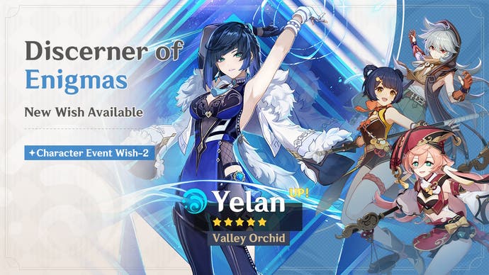 Banner characters for Yelan's Banner in Genshin Impact version 4.8 with four stars Razor, Yanfei, and Xiangling.