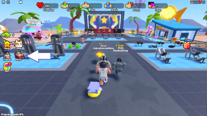 A screenshot from Gym Star Simulator in Roblox showing the game's shop button.