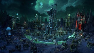 A Heroes of Might & Magic: Olden Era screenshot showing a gloomy city of hovels and gothic spires built on grey stone beneath an ominous green sky.