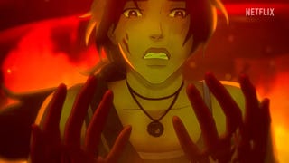 Lara looks at her bloodied hands in Tomb Raider: The Legend of Lara Croft animated series