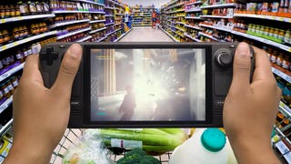 Steam Deck promo shot showing someone playing the portable PC in a supermarket