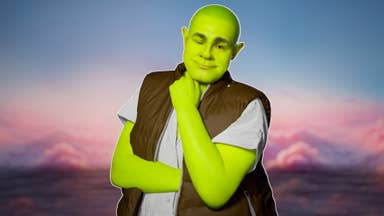 A Shrek-like, very green but human-looking character, stroking their chin and looking thoughtful. They've got one of those awful gilet jackets on that people wear in the countryside - a sleeveless puffer - and they have buzzed hair. And they're radioactive green - did I mention that? It's so cursed, this image. So cursed.