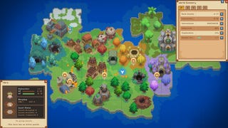 A Let's Build a Dungeon screenshot showing an overhead map of a colourful fantasy island overlaid with "Hero" and "World Summary" UI elements.