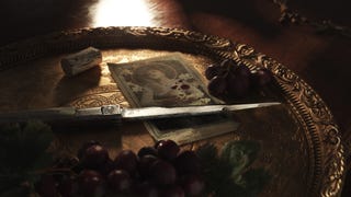 Mafia: The Old Country promotional art showing a switchblade laying on a bronze tray alongside grapes and a blood-spattered picture of a saint.