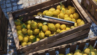 A screenshot from Mafia: The Old Country showing a gun in a box of lemons