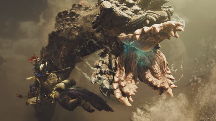 Monster Hunter Wilds official image showing a giant sand worm creature with hunter diving out of the way in close up