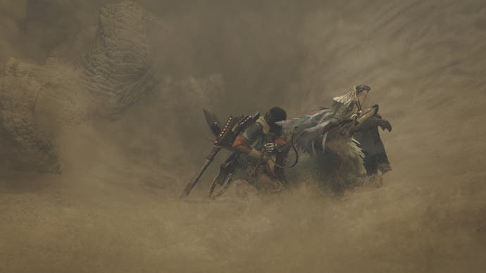 Monster Hunter Wilds official image showing hunter, palico and mount in the desert