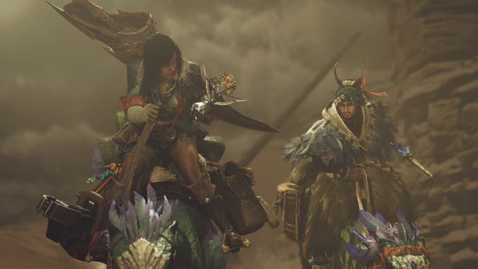 Monster Hunter Wilds official image showing two hunters riding mounts