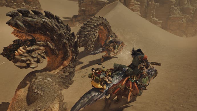 Monster Hunter Wilds official image showing hunters attack multiple desert monsters