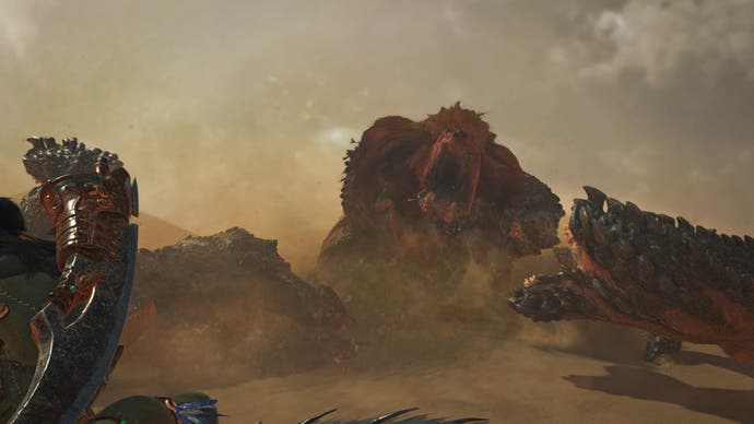 Monster Hunter Wilds official image showing hunters attack a bear monster