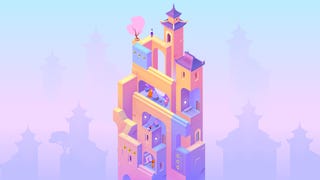 A Monument Valley 3 screenshot showing a Escher-esque tower in delicate pastel colours.