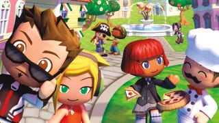 MySims cover art showing cartoon-y characters interacting in the middle of a pristine town, with trees, grass, pathways, houses, and a fountain visible in the background.