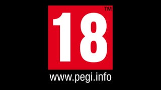 The familiar PEGI 18 logo. Large white cut-out numbers against a red background.