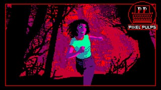 A pixelart image of a feminine character running towards the screen in a dark and red-hued woods. Rather you than me.