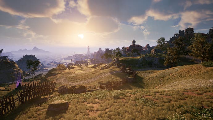 Avowed official image showing a sweeping view of grassy fields, fences, trees and distant cities