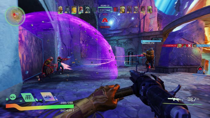 Concord image showing players on the left under a purple bubble shield, being shot at by a player on the right as you aim towards them