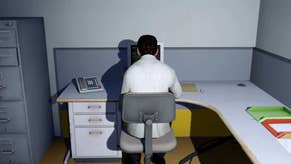 A masculine-looking character, viewed from behind, hunched over a computer in a dark, grey office.