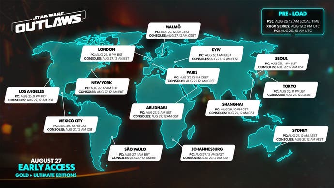 Infographic showing the early access release date and time for Star Wars Outlaws in different time zones on PC, PS5 and Xbox.