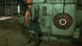 Kay pushing a power core lever down in a Pyke Stronghold in Star Wars outlaws.