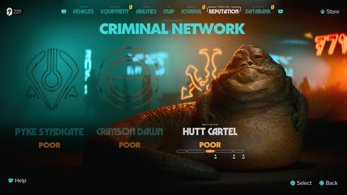 Star Wars Outlaws screenshot showing Jabba the Hutt on the Criminal Network page