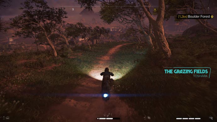 Star Wars Outlaws screenshot showing Kay on a speeder at night on Tosharra.