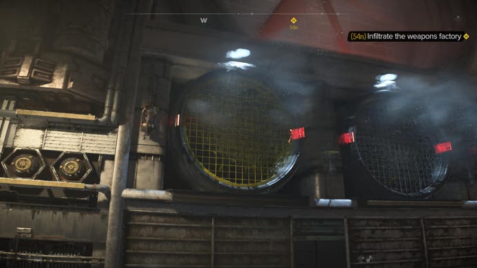 Star Wars Outlaws screenshot showing Kay dangling next to a big yellow fan vent.