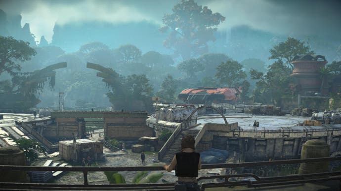 Star Wars Outlaws screenshot showing Kay looking out over the view on jungle planet Akiva.