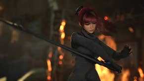 Eve from Stellar Blade with a serious look on her face, flourihing her blade with fire in the background.