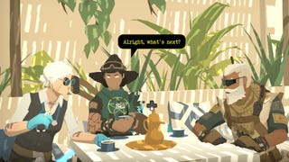 A Tactical Breach Wizards screenshot showing three characters - a Storm Witch, a Navy Seer, and a Necromedic - sitting in the sunshine outdoors around a table.