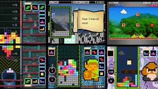 A montage of 3 vertical screenshots from Tetris DS, showing split screens of three different retro modes