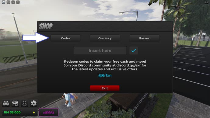 A screenshot from The Ride in Roblox showing the game's codes page.