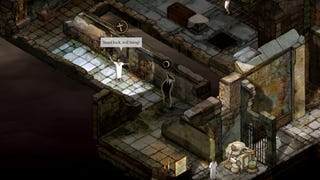 A screenshot of The Stone of Madness showing the gloomy hand-drawn interior of a monastery seen from an isometric perspective. Along one corridor, a character in a nightgown faces a spirit, shouting, "Stand back, evil being!"