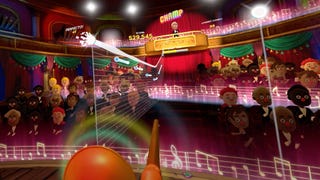 A Trombone Champ: Unflattened screenshot showing the player on stage, looking out across a cartoon-y concert hall as they toot their trombone in first-person.