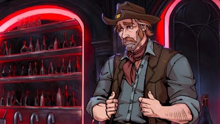 A screenshot from the visual novel-style game Vampire Therapist. In it, we see the upper body of a fairly typical looking cowboy - a rugged old white man with a large moustache, longish hair and a cowboy hat and waistcoat and shirt on. He - Sam - looks uncomfortable. Maybe it's because he's standing in a red-lit goth club.