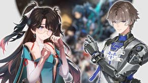 Zhezhi and Xiangli Yao on a blurred promotional image background showing Wuthering Waves' cast of launch characters.