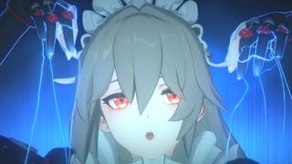 Zenless Zone Zero header image showing a close up image of a female character with red/orange eyes holding her hands up by her face